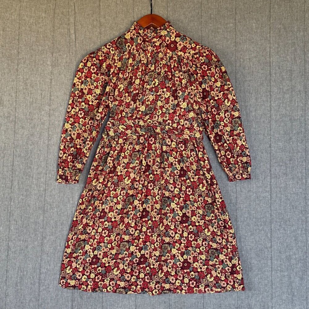Antik Batik Colline Burgundy Floral Ballon Sleeve Tie Waist Midi Dress Size XS